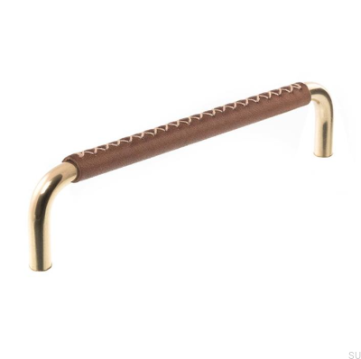 Poignée de meuble allongée 7353 96 Laiton poli avec cuir marron