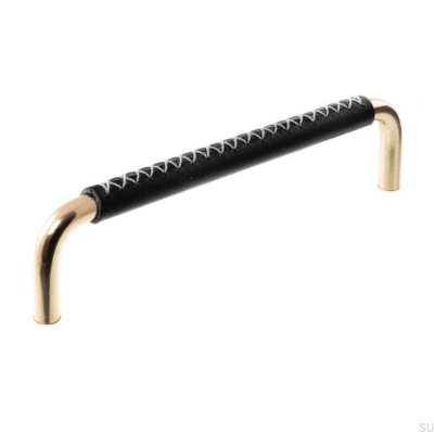 Poignée de meuble allongée 7353 96 Laiton poli avec cuir noir