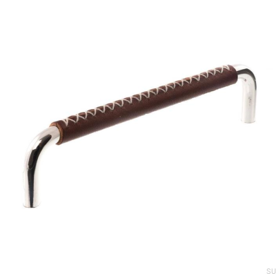 Poignée de meuble oblongue LX 7353 128 Nickel Poli avec Cuir Marron Foncé