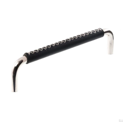 Poignée de meuble oblongue LX 7353 128 Nickel Poli et Cuir Noir