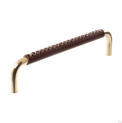Poignée de meuble oblongue 7353 128 Laiton poli et cuir marron foncé