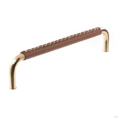 Poignée de meuble allongée 7353 128 Laiton poli avec cuir marron
