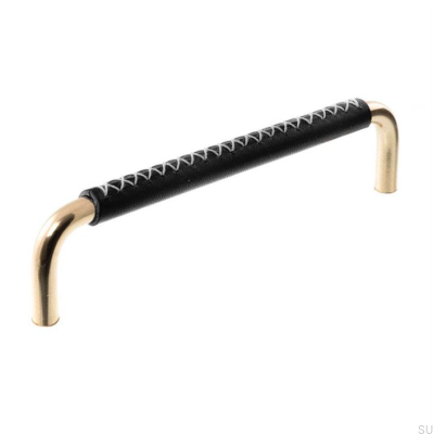 Poignée de meuble allongée 7353 128 Laiton poli avec cuir noir