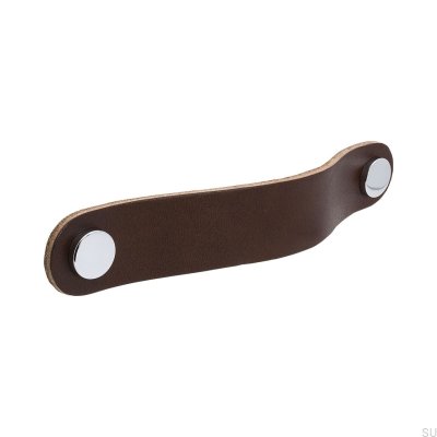 Poignée de meuble longue Loop Round 128, cuir marron avec chrome