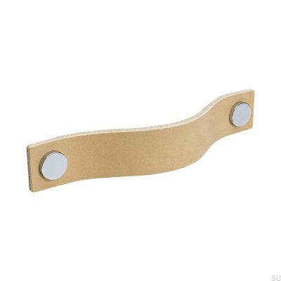 Poignée de meuble longue Loop 128, cuir naturel avec chrome