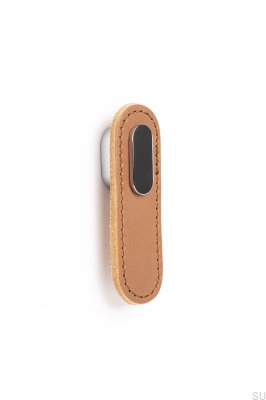 Bouton de meuble oblong en cuir beige avec chrome poli