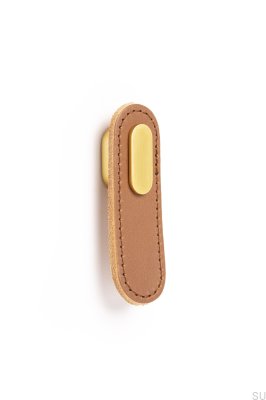 Bouton de meuble oblong en cuir beige avec or brossé