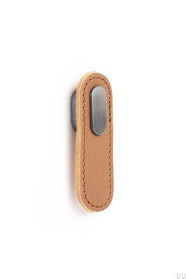 Bouton de meuble oblong en cuir beige avec gris brossé