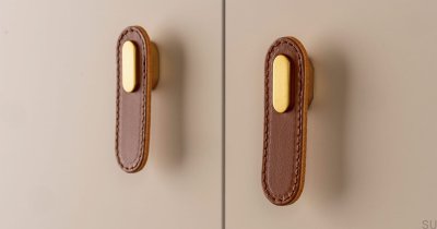 Bouton de meuble oblong en cuir beige et noir
