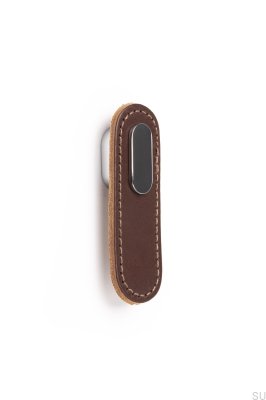 Bouton de meuble oblong en cuir marron avec chrome poli