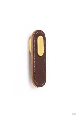 Bouton de meuble oblong en cuir marron avec or brossé