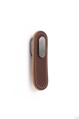 Bouton de meuble oblong en cuir marron avec gris brossé