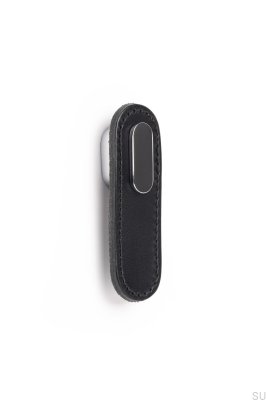 Bouton de meuble oblong en cuir noir avec chrome poli