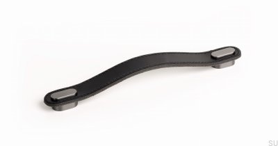 Poignée de meuble allongée Oblong 160 Cuir Noir avec Gris Brossé