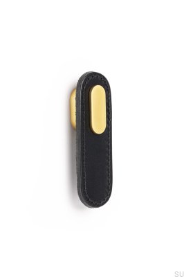 Bouton de meuble oblong en cuir noir avec or brossé