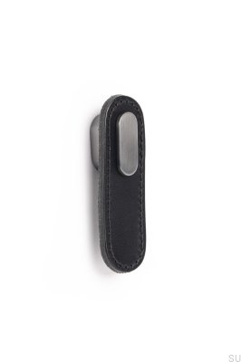 Bouton de meuble oblong en cuir noir avec gris brossé