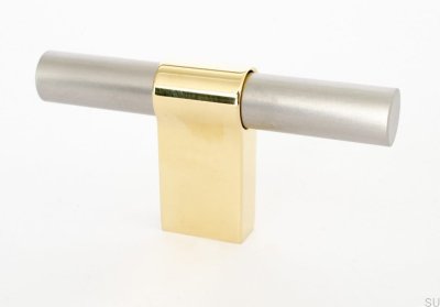 Bouton de meuble T-Bar Line Big Mix 12, acier brossé et laiton poli