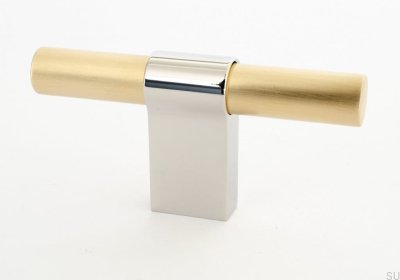 Bouton de meuble T-Bar Line Big Mix 12 en laiton brossé et acier poli