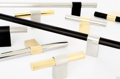 Poignée de meuble oblongue Line Big Mix 592, aluminium noir et laiton poli