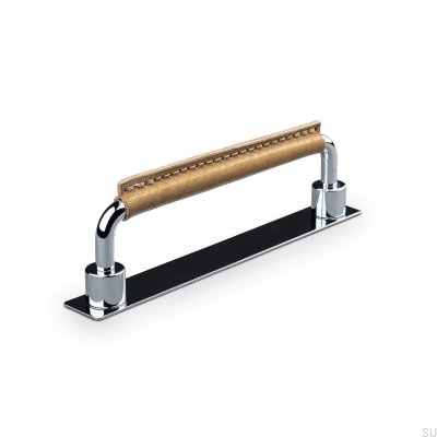 Asissi Cousu 128 Poignée de meuble oblongue Chrome poli avec cuir marron clair