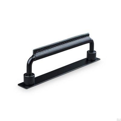 Poignée de meuble oblongue Asissi Stitched 128 Noir Mat avec Cuir Noir