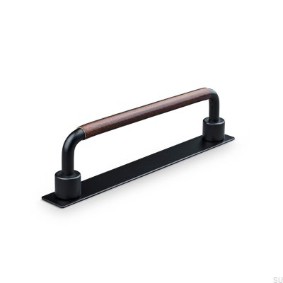 Poignée de meuble oblongue Asissi Swept 128, noir mat et cuir marron