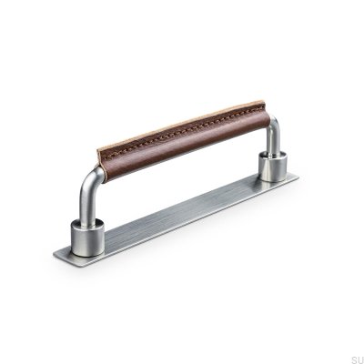 Poignée de meuble oblongue Asissi Stitched 128 Argent Brossé avec Cuir Marron