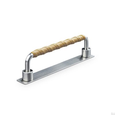 Asissi Wrapped 128 poignée de meuble oblongue Argent Brossé avec Cuir Marron Clair