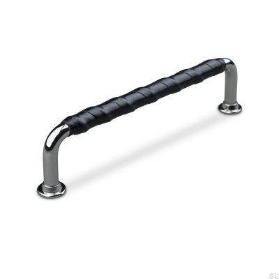 Burano Wrapped 128 poignée de meuble oblongue Chrome poli avec cuir noir
