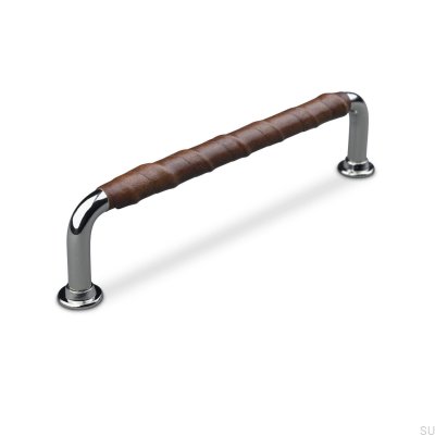 Poignée de meuble oblongue Burano Wrapped 128, chrome poli et cuir marron
