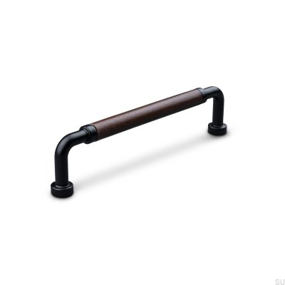 Poignée de meuble oblongue Posta Swept 128 Métal Noir Mat avec Cuir Marron