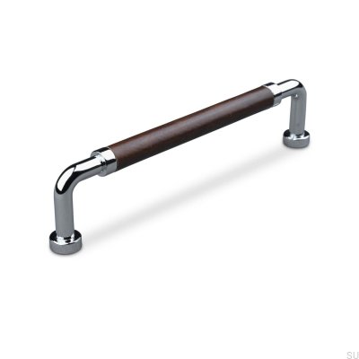 Poignée de meuble oblongue Posta Swept 160 Chrome Poli avec Cuir Marron Clair
