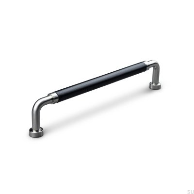 Poignée de meuble oblongue Posta Swept 160 Argent Brossé avec Cuir Noir