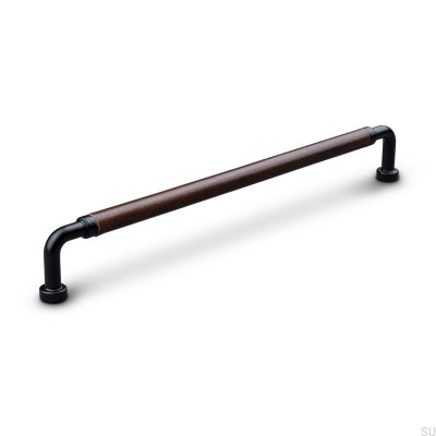 Poignée de meuble oblongue Posta Swept 224 Métal Noir Mat avec Cuir Marron