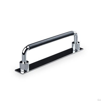 Poignée de meuble oblongue Asissi Swept 128 Chrome Poli avec Cuir Noir