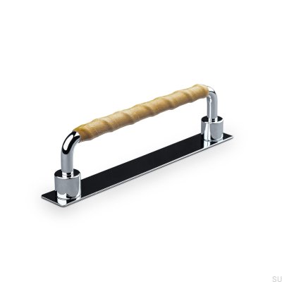 Asissi Wrapped 128 poignée de meuble oblongue Chrome Poli avec Cuir Marron Clair