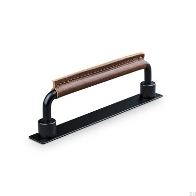 Poignée de meuble oblongue Asissi Stitched 128 Noir Mat avec Cuir Marron