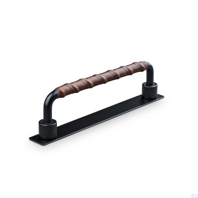 Poignée de meuble oblongue Asissi Wrapped 128, noir mat et cuir marron