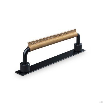 Poignée de meuble oblongue Asissi Stitched 128 Noir Mat avec Cuir Marron Clair