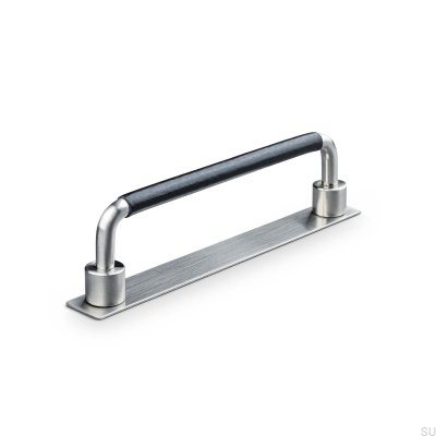 Poignée de meuble oblongue Asissi Swept 128 Argent Brossé avec Cuir Noir