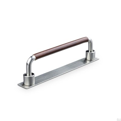 Poignée de meuble oblongue Asissi Swept 128 Argent Brossé avec Cuir Marron