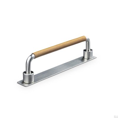 Poignée de meuble oblongue Asissi Swept 128 Argent Brossé avec Cuir Marron Clair