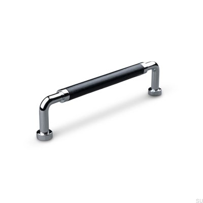 Poignée de meuble oblongue Posta Swept 128 Chrome Poli avec Cuir Noir