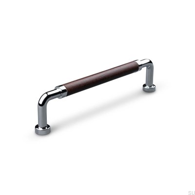 Poignée de meuble oblongue Posta Swept 128 Chrome Poli avec Cuir Marron