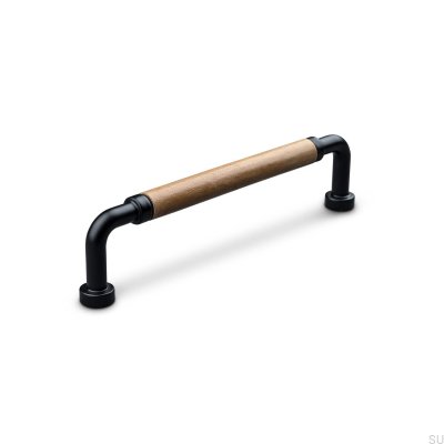 Poignée de meuble oblongue Posta Swept 128 Métal Noir Mat avec Cuir Marron Clair