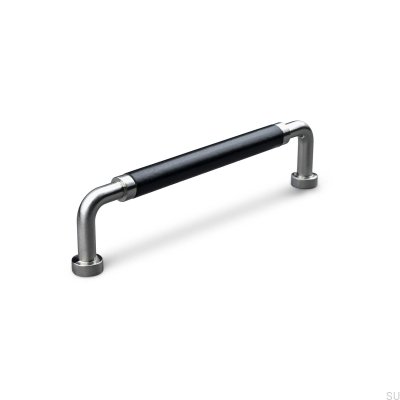 Poignée de meuble oblongue Posta Swept 128 Argent Brossé avec Cuir Noir