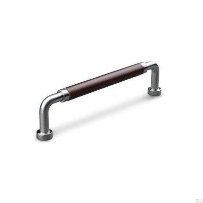 Poignée de meuble oblongue Posta Swept 128 Argent Brossé avec Cuir Marron