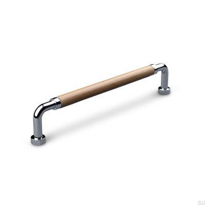 Poignée de meuble oblongue Posta Swept 160 Chrome Poli avec Cuir Marron Clair