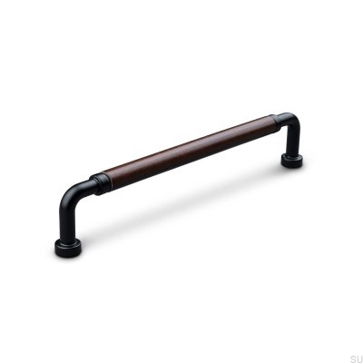 Poignée de meuble oblongue Posta Swept 160 Métal Noir Mat avec Cuir Marron