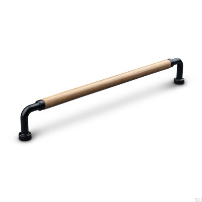 Poignée de meuble oblongue Posta Swept 224 Métal Noir Mat avec Cuir Marron Clair